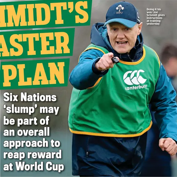  ??  ?? Doing it his way: Joe Schmidt gives instructio­ns at training yesterday