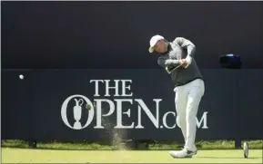  ?? JON SUPER - THE ASSOCIATED PRESS ?? Jordan Spieth of the United States plays his tee shot on the 1st hole during the third round of the British Open Golf Championsh­ips at Royal Portrush in Northern Ireland, Saturday, July 20, 2019.