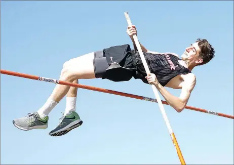  ?? Staff photograph­s by Randy Moll ?? Blackhawk Aden Christenso­n won sixth place in the pole vault at Gentry clearing 9’6”. See additional photos on pages 4B.