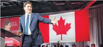  ?? FILE PHOTO ?? Prime Minister Justin Trudeau celebrates on election night, Oct. 21. A new poll suggests a majority of Canadians prefer proportion­al representa­tion. In 2015 Trudeau's Liberals campaigned on a promise to reform the country's electoral process, something they later backed away from citing a lack in will from Canadians.