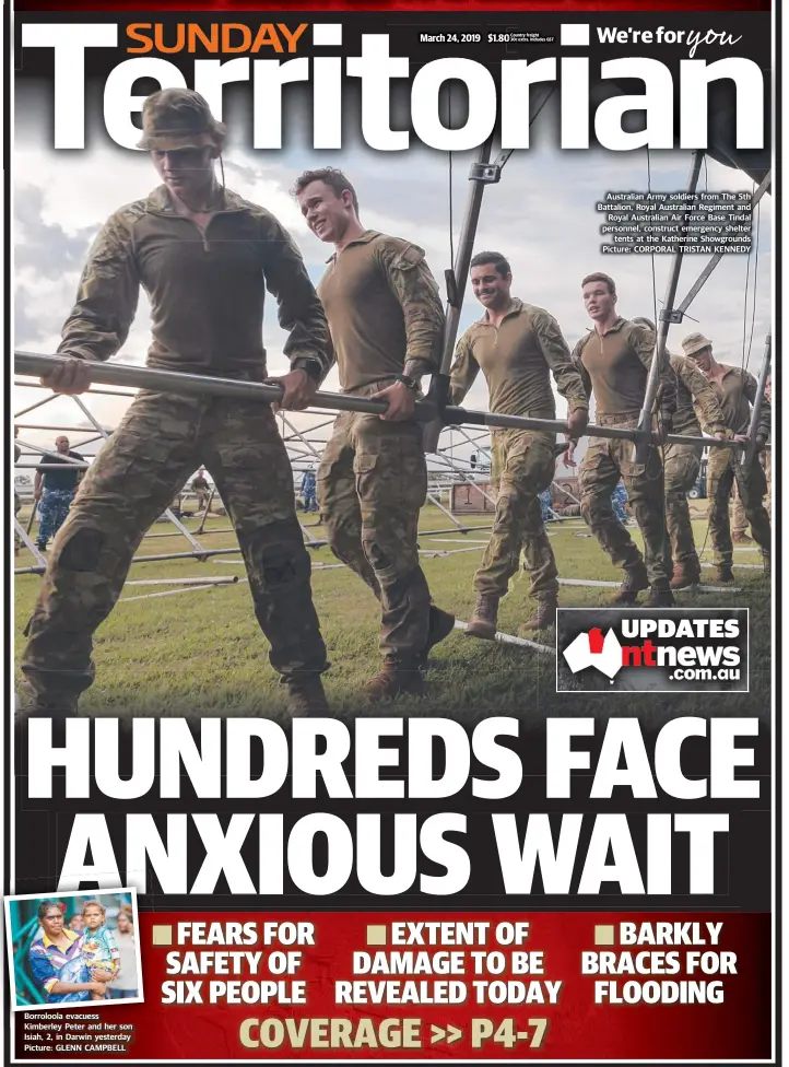  ?? Picture: CORPORAL TRISTAN KENNEDY ?? Australian Army soldiers from The 5th Battalion, Royal Australian Regiment and Royal Australian Air Force Base Tindal personnel, construct emergency shelter tents at the Katherine Showground­s