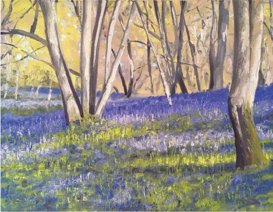  ??  ?? Bluebells at Shrawley Woods, oil on canvas, 11¾x17¾in. (35x45cm). Here is an alla prima painting for one of my online tutorials. Bold contrasts and lots of foreground palette-knife work were key to the success of this painting.