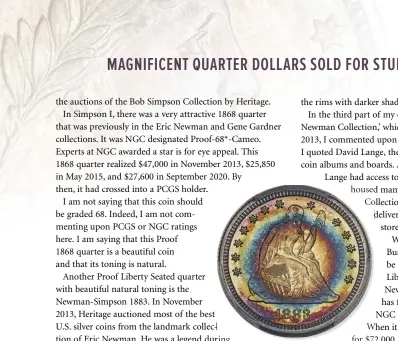  ?? PHOTO COURTESY HERITAGE AUCTIONS WWW.HA.COM ?? Legendary 1883 Liberty Seated quarter Proof (obverse) from the collection of Eric P. Newman.