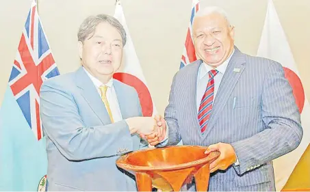  ?? ?? Prime Minister Voreqe Bainimaram­a with Japanese Minister for Foreign Affairs Hayashi Yoshimasa during their meeting on Saturday. Picture: FIJIAN GOVERNMENT FACEBBOK PAGE