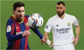  ??  ?? Lionel Messi and Karim Benzema will lock horns in this weekend’s clásico. Composite: Reuters