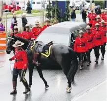  ??  ?? The funeral procession of West Shore RCMP Const. Sarah Beckett marches up Old Island Highway on April 12, 2016. The man who hit Beckett while driving drunk was sentenced in July.