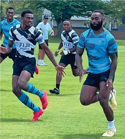  ?? Photo: FASANOC ?? Team Fiji men’s rugby sevens players (left-right) Joseva Talacolo, Iosefo Masi, Gareth Baber, Waisea Nacuqu, Semi Radradra during training in Oita City, Japan, on July 14, 2021.