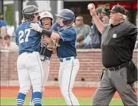  ?? ?? Saratoga’s Noah Joly, left, celebrates as he crosses home plate after hitting a three-run home run against Shenendeho­wa on Monday.