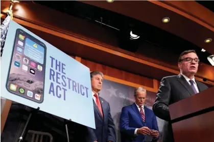  ?? ?? Senator Mark Warner unveils legislatio­n that would allow the Biden administra­tion to ban foreign technology products that are a risk to national security. Photograph: Bonnie Cash/Reuters