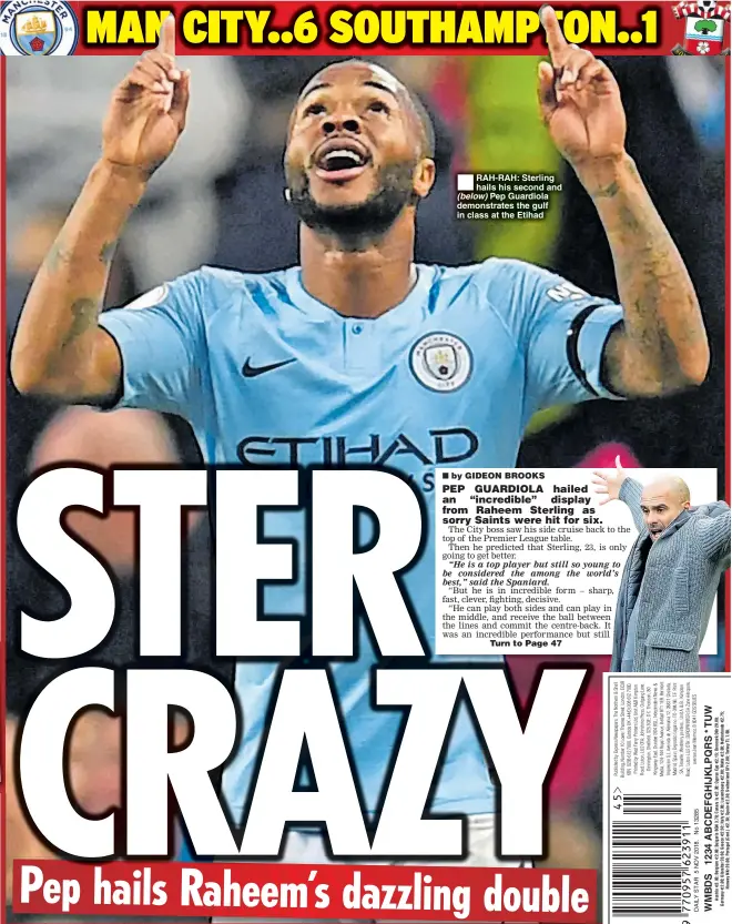  ??  ?? RAH-RAH: Sterling hails his second and (below) Pep Guardiola demonstrat­es the gulf in class at the Etihad