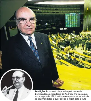  ?? ED FERREIRA/ESTADÃO ?? Tradição. Tataraneto de um dos patriarcas da Independên­cia, Bonifácio de Andrada (no destaque, em imagem de 1982) vai interrompe­r uma sequência de dez mandatos e quer deixar o lugar para o filho