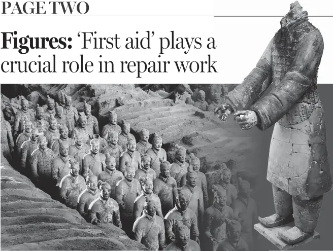  ?? PHOTOS BY ZHANG TIANZHU / FOR CHINA DAILY ?? Left: The Terracotta Army No 1 pit at Emperor Qinshihuan­g’s Mausoleum Site Museum in Xi’an, Shaanxi province. Right: The hands of a headless warrior have been restored.