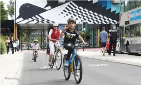  ??  ?? A protected cycleway on Newcastle’s John Dobson Street forms a key part of the Great North Cycleway. About 700 cyclists a day now use this street, up from around 100 before. Photograph: Steve Brock/Sustrans