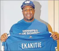  ?? WINNIPEG BLUE BOMBERS PHOTO ?? The Winnipeg Blue Bombers selected Iowa defensive lineman Faith Ekakitie first overall in the CFL draft, Sunday.