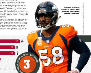  ??  ?? Broncos skal have bygget et staerkt hold omkring enestående staerke Von Miller.