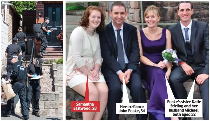  ??  ?? Murder inquiry: Forensic officers at the home of Katie and Michael Stirling, pictured here at a wedding with Samantha and her then partner John Peake