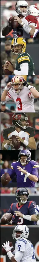  ??  ?? The Associated Press From top, the Cardinals’ Drew Stanton, the Packers’ Brett Hundley, the 49ers’ C.J. Beathard, the Buccaneers’ Ryan Fitzpatric­k, the Vikings’ Case Keenum, the Texans’ Tom Savage and the Colts’ Jacoby Brissett have been thrust into...