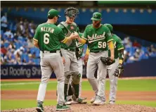  ?? Jon Blacker / Associated Press ?? Manager Bob Melvin pulls starting pitcher Paul Blackburn (58) in the fourth inning with Oakland trailing 4-0 in Toronto.