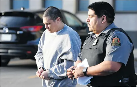  ?? TROY FLEECE ?? Steven Blaine Pascal, on trial for the death of his brother Trent Mark Gordon, is escorted from the Court of Queen’s Bench on Tuesday.