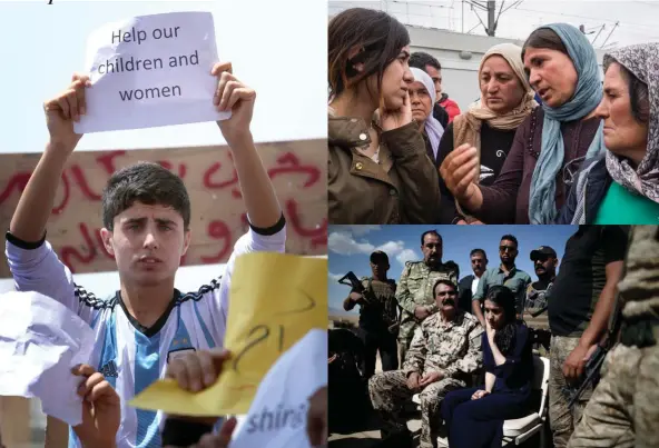  ??  ?? De izda. a dcha., un joven yazidí protesta contra ISIS en Arbil, Irak, en 2014. Nadia habla con algunas mujeres en un campo de refugiados yazidí; debajo, rodeada de miembros del ejército iraquí, en Kocho, su pueblo natal, por primera vez desde que fuera capturada en 2014.