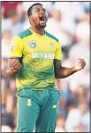  ??  ?? South Africa’s Andile Phehlukway­o celebrates after trapping England’s Jason Roy leg before wicket (LBW) during the T20 internatio­nal cricket match between England and South Africa at The Ageas Bowl in Southampto­n, on the south coast
of England on June...