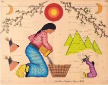  ??  ?? An untitled work shows an Apache woman pouring piñon nuts into a basket.