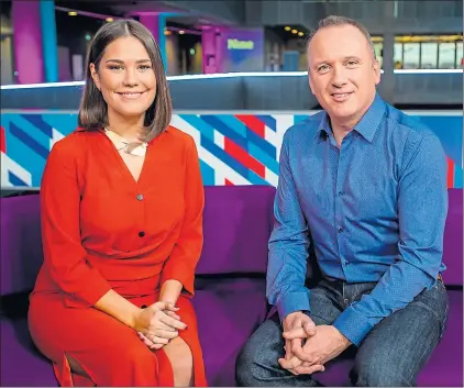  ??  ?? Presenters Rebecca Curran and Martin Geissler on set of The Nine, BBC Scotland’s new current affairs show