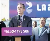  ?? Paul Buck European Pressphoto Agency ?? MAYOR ERIC GARCETTI announces Monday at StubHub Center in Carson that the 2028 Summer Olympic Games are coming to Los Angeles.