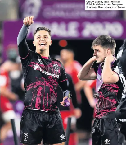  ??  ?? Callum Sheedy is all smiles as Bristol celebrate their European Challenge Cup victory over Toulon