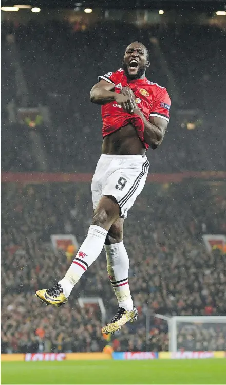  ?? — GETTY IMAGES ?? Romelu Lukaku of Manchester United celebrates scoring his side’s second goal during the UEFA Champions League Group A match against FC Basel at Old Trafford on Tuesday.