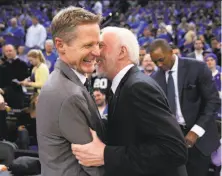  ?? Carlos Avila Gonzalez / The Chronicle 2016 ?? Warriors coach Steve Kerr’s history with Gregg Popovich dates to 1998, when Kerr played for Popovich’s Spurs.