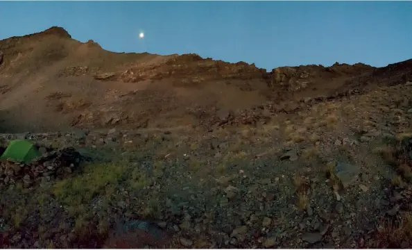  ??  ?? [above] Sunrise and a full moon at camp below Puntal de Vacares [right] Camping on night two in the eastern part of the range [below] The summit cairn of Cerro Pelado