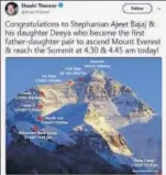  ??  ?? MP and author Shashi Tharoor’s post after fellow alumnus Ajeet climbed to the top of the world with Deeya