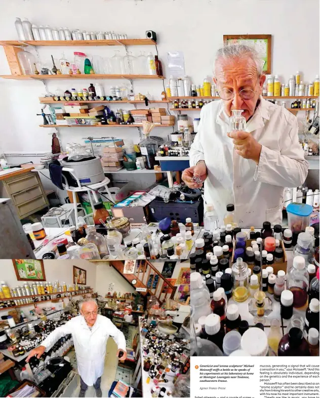  ?? Agence France-presse ?? Geneticist and ‘aroma sculpturer’ Michael ↑ Moisseeff sniffs a bottle as he speaks of his experiment­s at his laboratory at home at Montegut-lauragais near Toulouse, southweste­rn France.