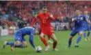  ?? Photograph: Tom Jenkins/The Guar ?? Gareth Bale causes panic among the Ukraine defenders during the World Cup play-off final at Cardiff City Stadium in June.