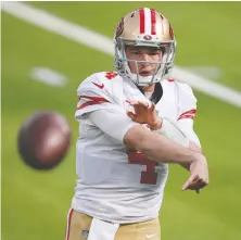  ?? JOE SCARNICI/ GETTY IMAGES ?? Nick Mullens of the San Francisco 49ers gets another start for the team Monday because Jimmy Garoppolo has not fully recovered from a bad high-ankle sprain.