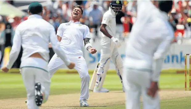  ??  ?? South Africa’s fast bowler Dale Steyn celebrates during day two of the first test match against India at Newlands Cricket Ground in Cape Town yesterday. He ended the day with figures of 2/51.