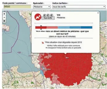  ??  ?? Dans cette carte actualisée par Que-Choisir avant l’été, la pédiatrie viroise apparaît dans le rouge. Une situation propre à tout le sud de l’ex Basse-Normandie. (capture d’écran quechoisir. org).