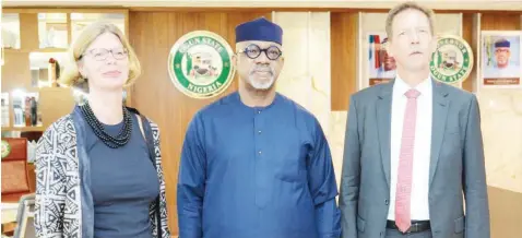  ?? ?? Wife of the German Consul- General, Dr Imke Borner ( left); Ogun State Governor, Dapo Abiodun and Consul- General, Weert Borner, during a courtesy call on the governor in his office at Oke- Mosan, Abeokuta… yesterday.