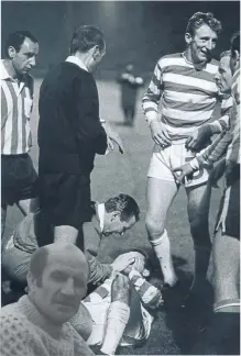  ??  ?? Top, Bertie and Ian Auld. Above, Neil Mochan attends to Bertie Auld while Tommy Gemmel jokes with Jimmy Johnstone. Inset, Ian Auld