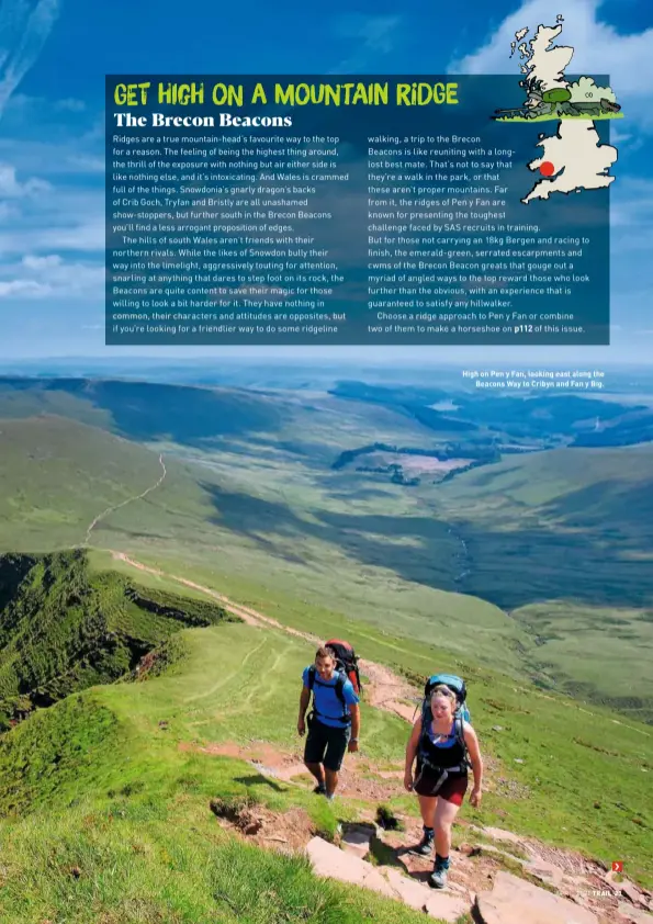  ??  ?? High on Pen y Fan, looking east along the Beacons Way to Cribyn and Fan y Big.