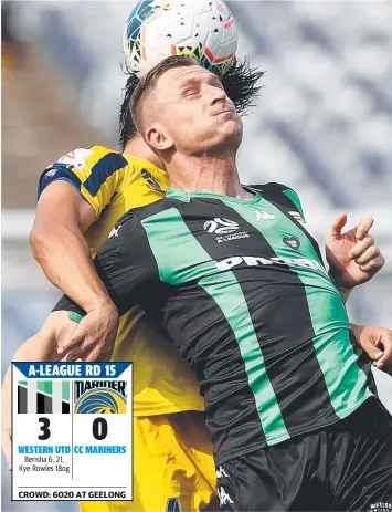  ?? Picture: JONATHAN DIMAGGIO ?? HEADSTRONG: United striker Besart Berisha in a contest for the ball.