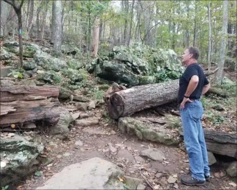  ?? PARIS WOLFE — THE NEWS-HERALD ?? Gary Mallory of Geneva looks for some relief in the terrain on his climb to Humpback Rocks just off the Blue Ridge Parkway in Virginia.