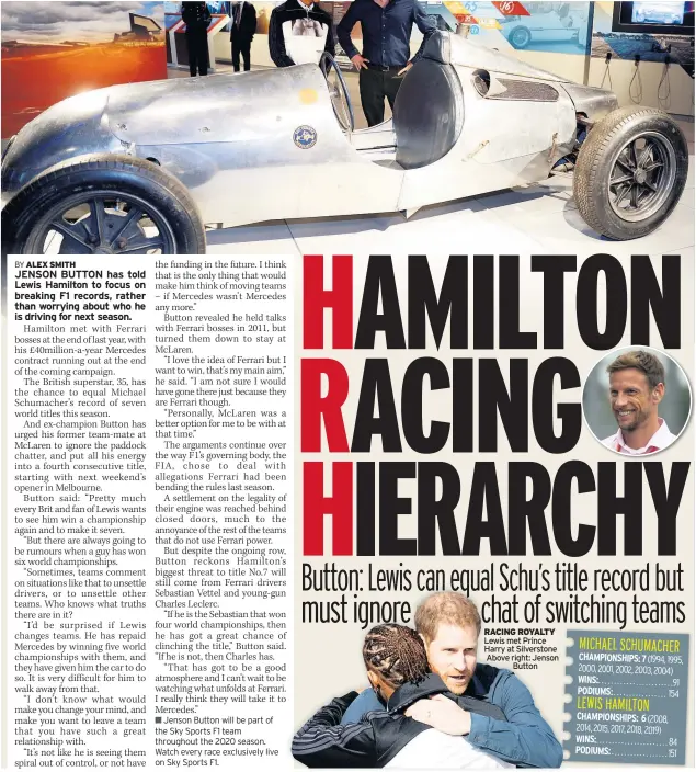  ??  ?? Lewis met Prince Harry at Silverston­e Above right: Jenson Button