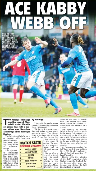  ?? PICTURE: Tina Jenner ?? GIVE ME FIVE! Kabongo Tshimanga celebrates after his penalty double helped Chesterfie­ld to victory to the delight of caretaker boss Danny Webb, inset