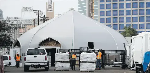  ??  ?? San Diego has spent $6.5 million from its permanent housing budget to operate giant tents to help deal with the pressing need to shelter the homeless.