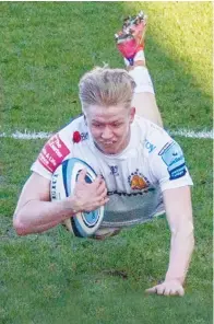  ??  ?? Star: Josh Hodge slides in for Exeter after a 70m run