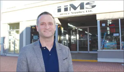  ?? MILLICENT MCKAY/JOURNAL PIONEER ?? Pierre Gallant, vice-president of sales for HMS Office Supplies, outside the Water Street location in Downtown Summerside.