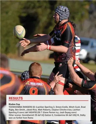  ?? PHOTO: KEVIN FARMER ?? Blake Parton for Highfields looks to grab a line-out possession against Toowoomba Rangers in today’s round-17 Risdon Cup match at Gold Park.