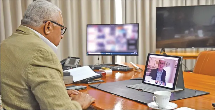  ?? Office of the Prime Minister ?? Prime Minister Voreqe Bainimaram­a officiated with an opening remark via Cisco Webex video teleconfer­ence to a select audience of US and Fijian corporate leaders, government officials, and developmen­t bank executives during the official launch of the United States, Allies, and Partners Fiji Forward – Business and Economic Developmen­t Roundtable­s, on May 19, 2020. Photo: